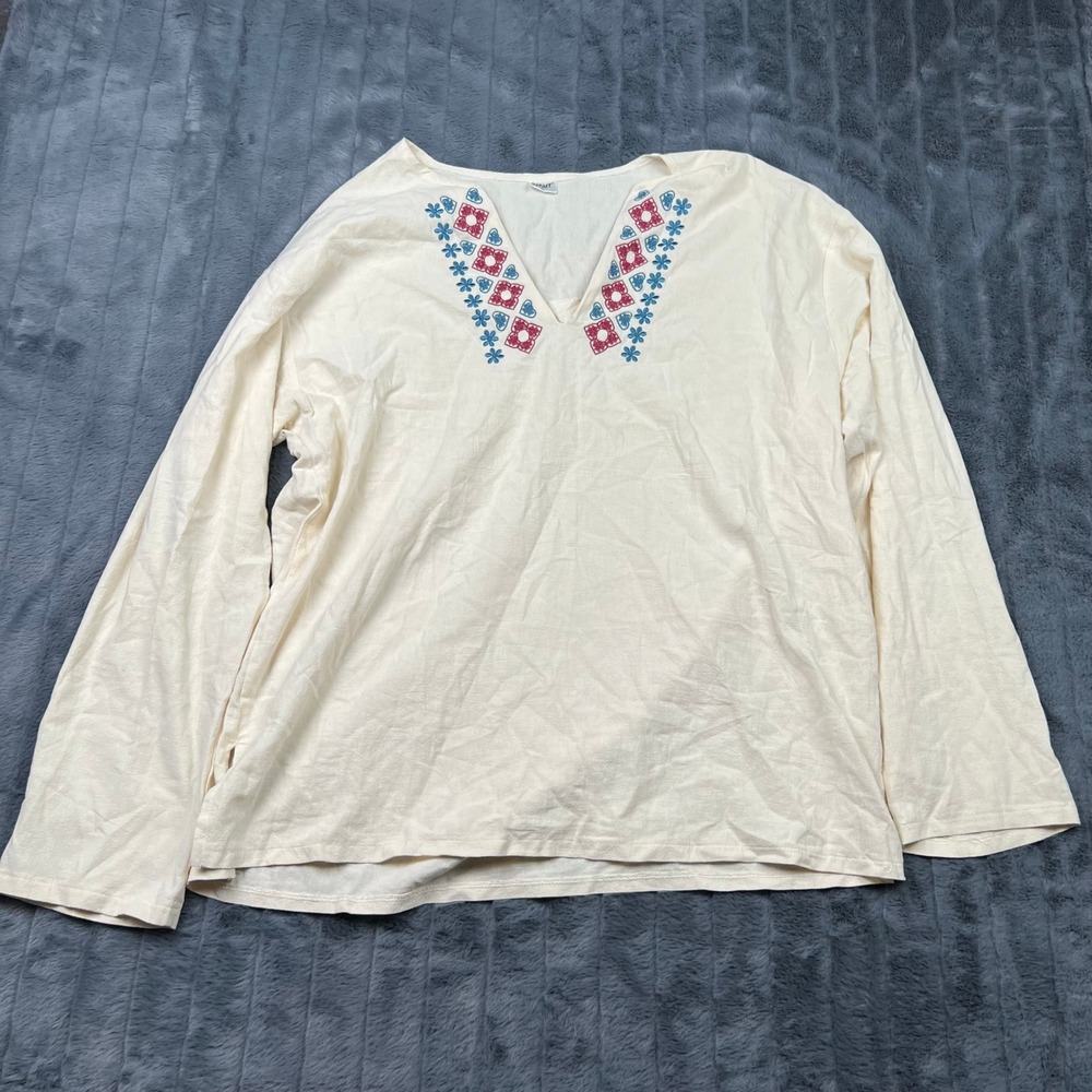 Embroidered V-Neck Cotton Tunic Top Cream Floral Boho Long Sleeve 11770